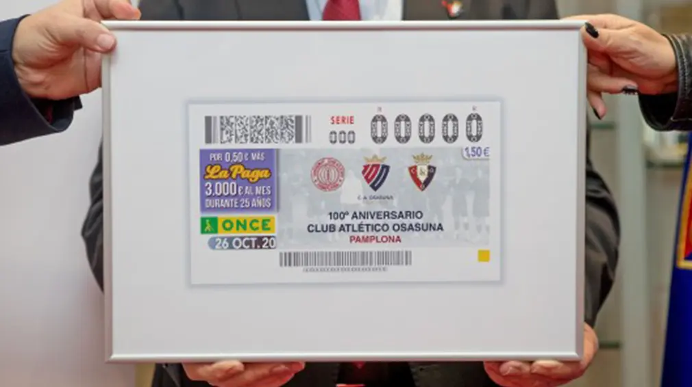 Imagen del cupón de la ONCE con el centenario rojillo. CA Osasuna.