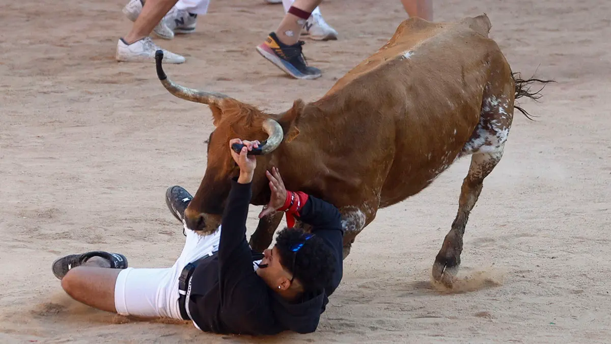 Tradicional suelta de vaquillas en la plaza de toros tras el segundo encierro de los Sanfermines 2022, una carrera que se ha alargado hasta los 3:10 minutos por un toro rezagado. EFE/Rodrigo Jiménez