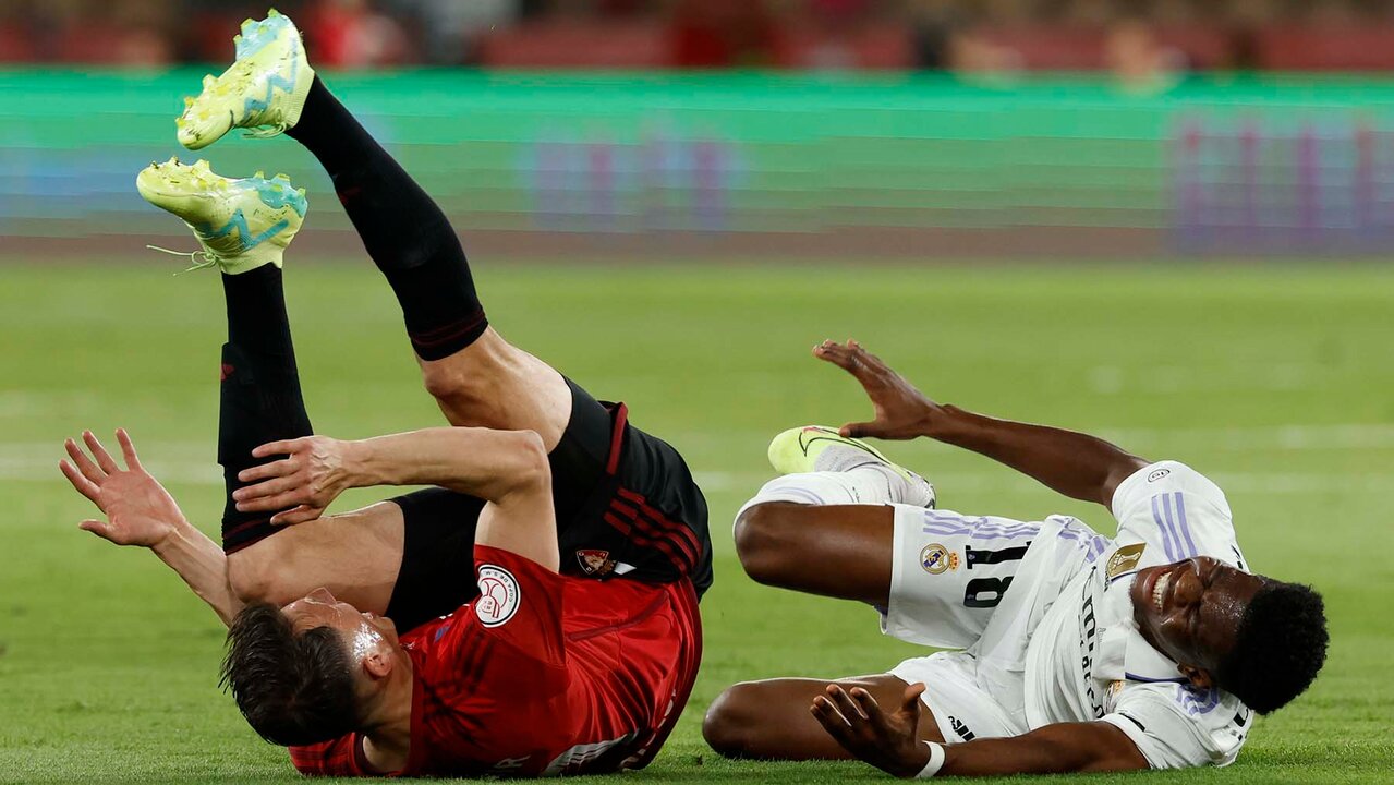 Aurelien Tchouameni of Real Madrid and Ante Budimir of CA Osasuna during  the Copa del Rey match between Real Madrid and CA Osasuna played at La  Cartuja Stadium on May 6, 2023