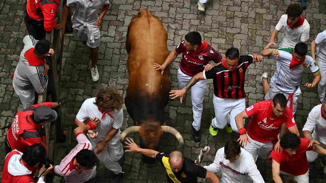 Bajada al callej&oacute;n de la plaza de toros en el primer encierro de San Ferm&iacute;n 2023 con con toros de La Palmosilla. EFE