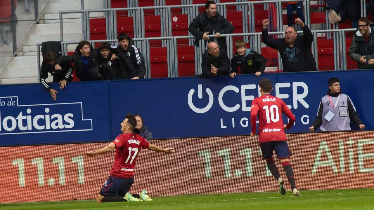 Los jugadores de Osasuna celebran el gol de Ante Budimir (2-1) durante el partido de La Liga EA Sports entre CA Osasuna y Girona FC disputado en el estadio de El Sadar en Pamplona. IÑIGO ALZUGARAY