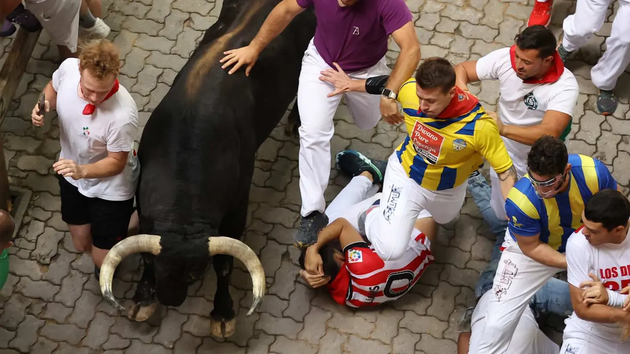 Los mozos son perseguidos por toros de la ganadería gaditana de Fuente Ymbro este miércoles durante el cuatro encierro de los Sanfermines, en Pamplona. EFEJ. P. Urdioz