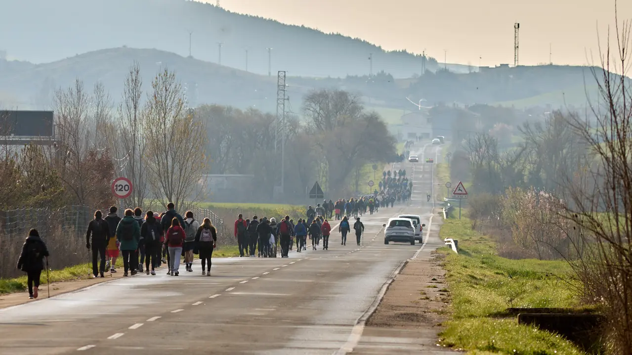 Cientos de personas caminan desde diferentes puntos de Navarra hasta Javier dentro de la segunda Javierada de 2025 bajo el lema 'Peregrinos de la Esperanza'. IÑIGO ALZUGARAY