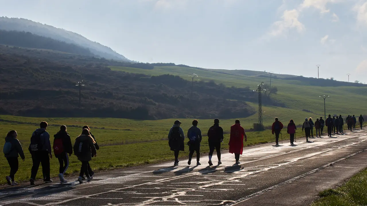 Cientos de personas caminan desde diferentes puntos de Navarra hasta Javier dentro de la segunda Javierada de 2025 bajo el lema 'Peregrinos de la Esperanza'. IÑIGO ALZUGARAY