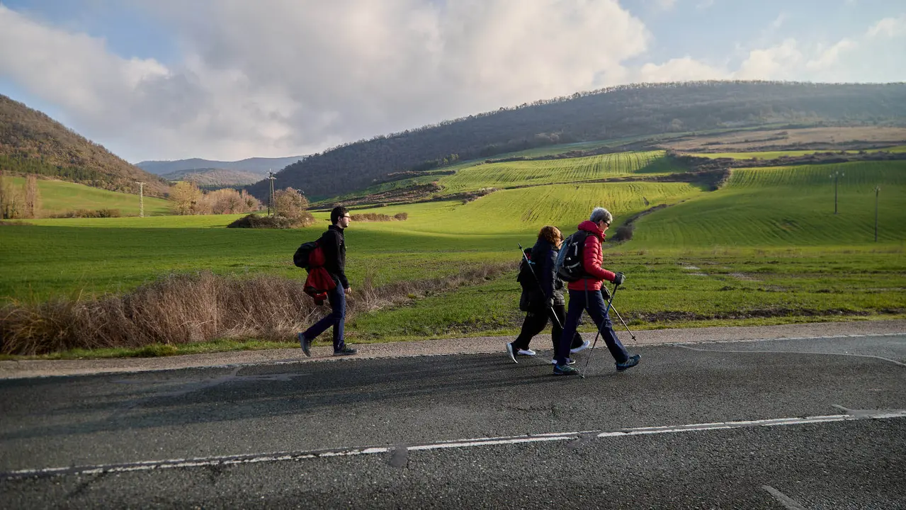 Cientos de personas caminan desde diferentes puntos de Navarra hasta Javier dentro de la segunda Javierada de 2025 bajo el lema 'Peregrinos de la Esperanza'. IÑIGO ALZUGARAY