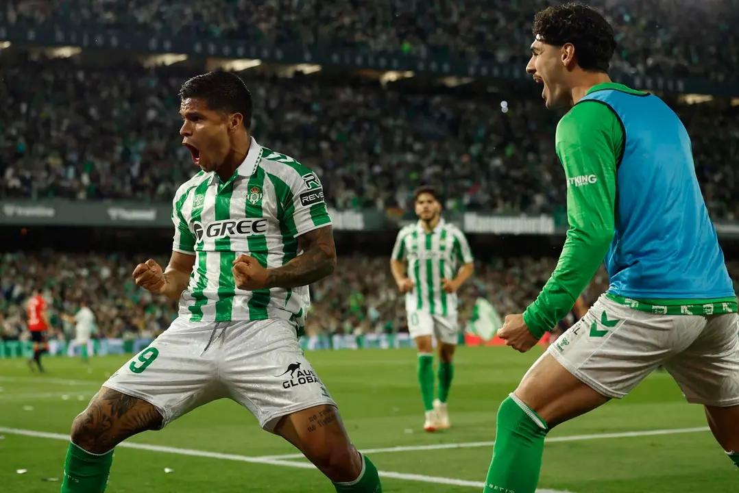 SEVILLA, 11/05/2025.-El delantero colombiano del Betis Juan Camilo Hernández "Cucho", celebra su gol contra Osasuna, durante el partido de la jornada 35 de LaLiga EA Sports, este domingo en el estadio Benito Villamarín en Sevilla.-EFE/ Julio Muñoz