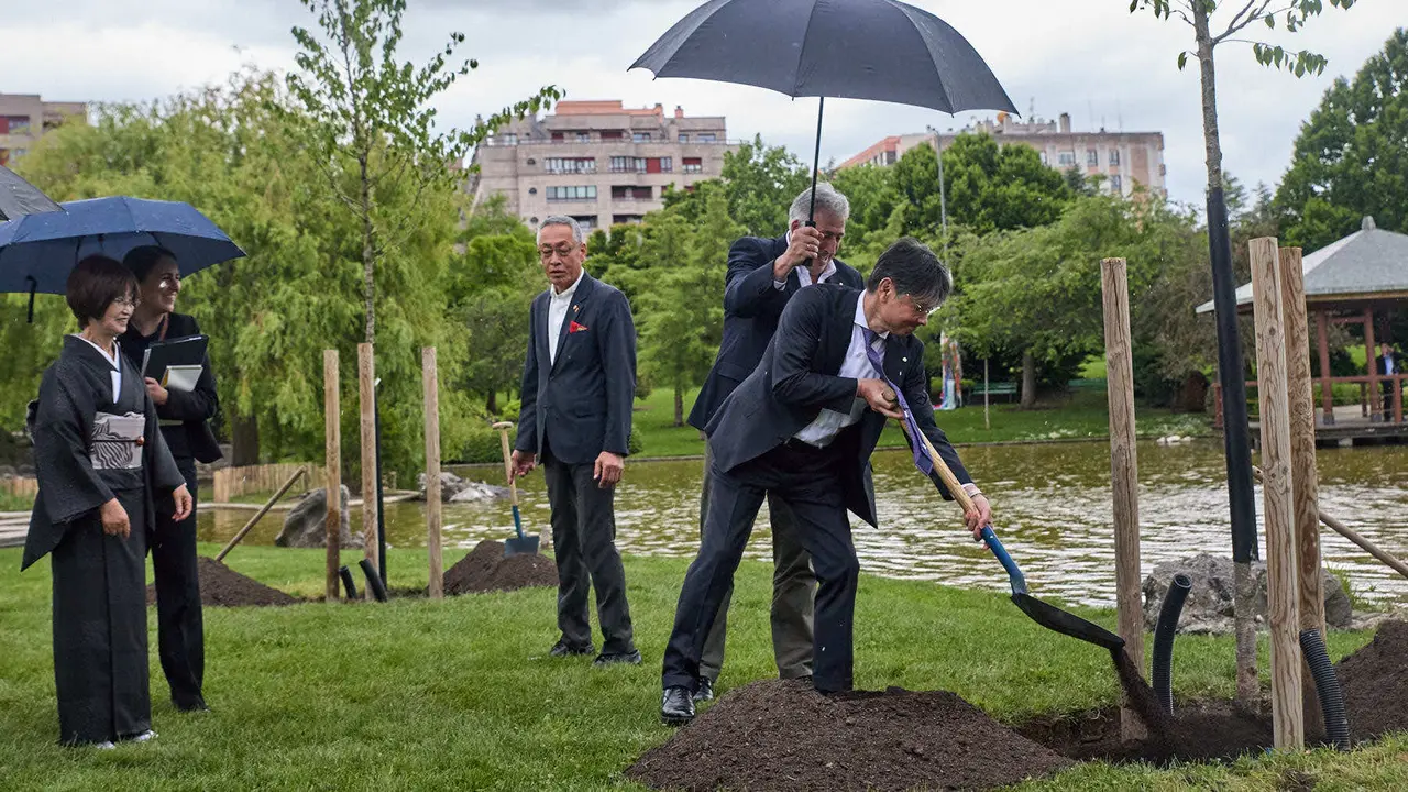 Los alcaldes de Pamplona y Yamaguchi, Joseba Asiron Saez y Kazuki Ito, respectivamente, participan en un acto simbólico de plantación de arbolado en el parque de Yamaguchi de Pamplona. IÑIGO ALZUGARAY