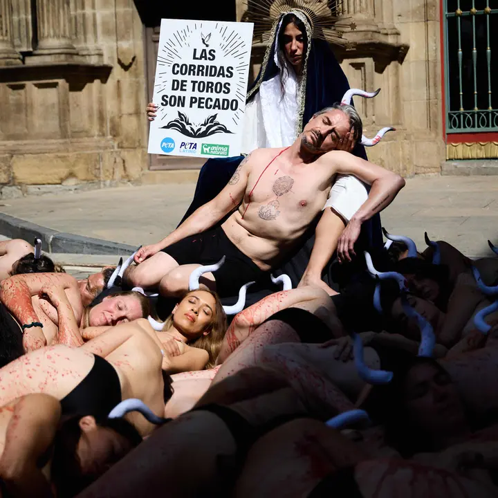 Protesta de AnimaNaturalis y PETA bajo el lema 'Tauromaquia es pecado' en la plaza del Ayuntamiento de Pamplona, un día antes del inicio de los Sanfermines 2025. IÑIGO ALZUGARAY