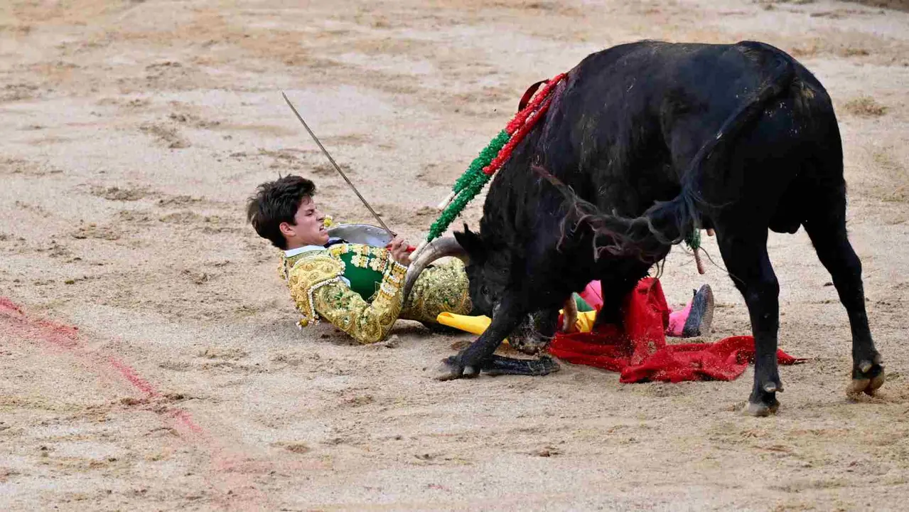 El primer novillo de la tarde ha dado un susto monumental a Aarón Palacios en la primera de abono de la Feria del Toro de Pamplona. PABLO LASAOSA