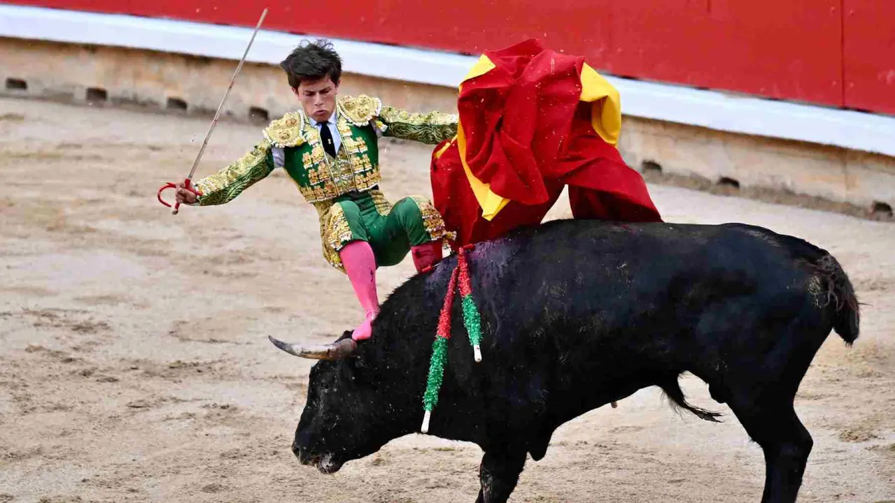 El primer novillo de la tarde ha dado un susto monumental a Aarón Palacios en la primera de abono de la Feria del Toro de Pamplona. PABLO LASAOSA