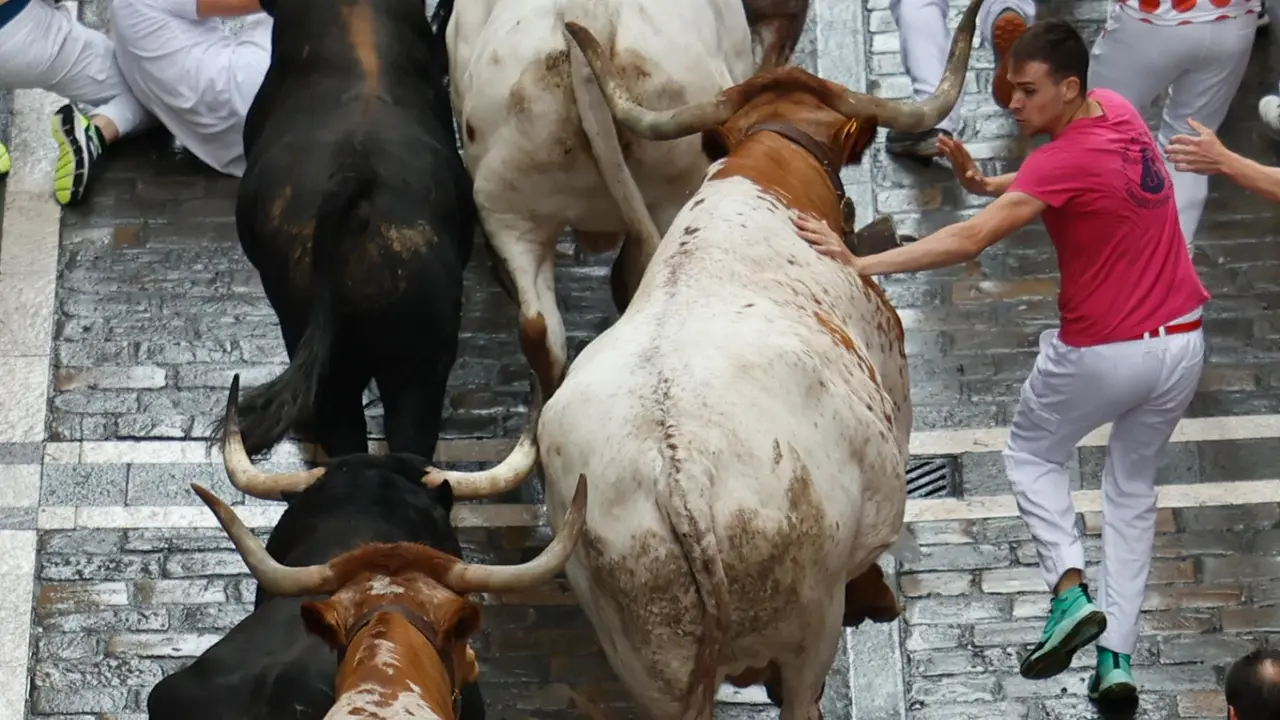Primer encierro de San Fermín 2025 el día 7 de julio con toros de Fuente Ymbro en el tramo de Estafeta. EFE - JESÚS DIGES (2)