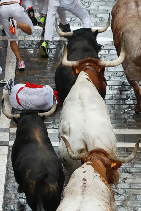 Primer encierro de San Fermín 2025 el día 7 de julio con toros de Fuente Ymbro en el tramo de Estafeta. EFE - JESÚS DIGES (4)