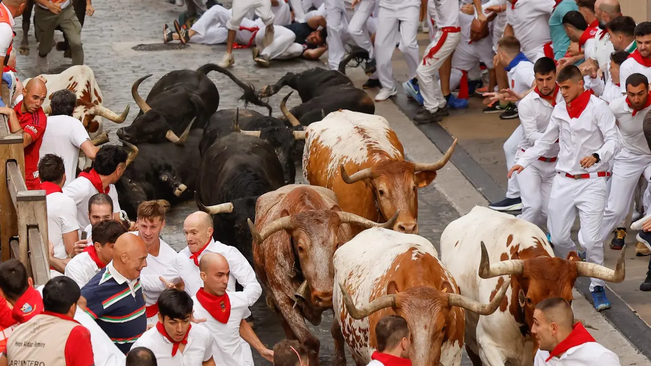 Primer encierro de San Fermín 2025 el día 7 de julio con toros de Fuente Ymbro en el tramo de Santo Domingo. EFE - VILLAR LÓPEZ (1)