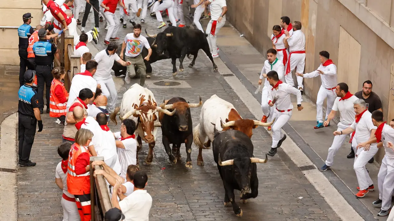 Primer encierro de San Fermín 2025 el día 7 de julio con toros de Fuente Ymbro en el tramo de Santo Domingo. EFE - VILLAR LÓPEZ (4)