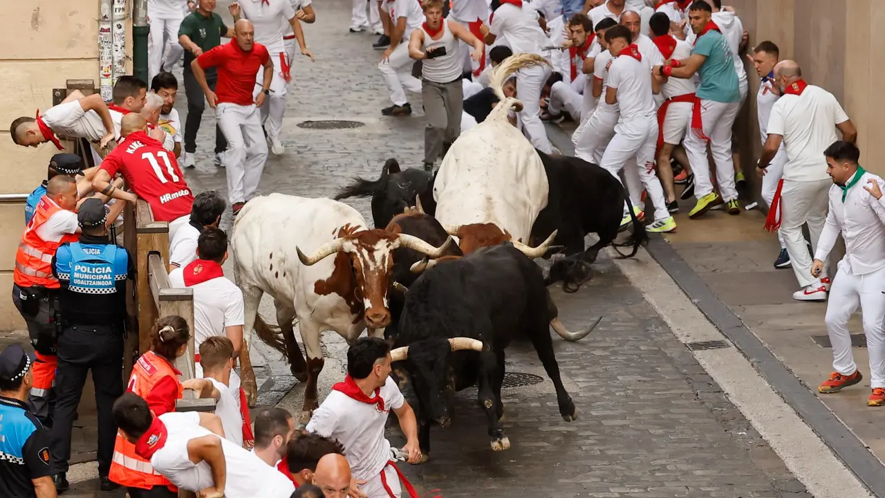 Primer encierro de San Fermín 2025 el día 7 de julio con toros de Fuente Ymbro en el tramo de Santo Domingo. EFE - VILLAR LÓPEZ (2)