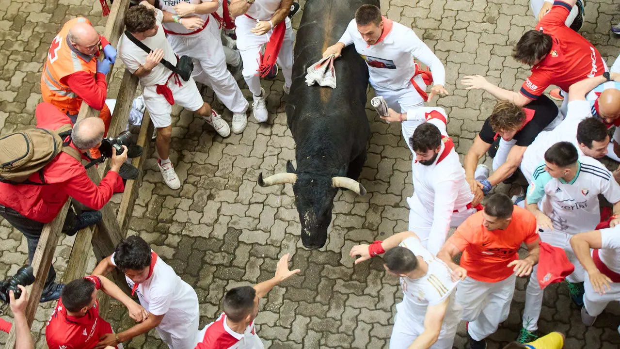 Primer encierro de San Fermín 2025 con toros de Fuente Ymbro en el tramo de Telefónica y el callejón de entrada a la plaza. IÑIGO ALZUGARAY