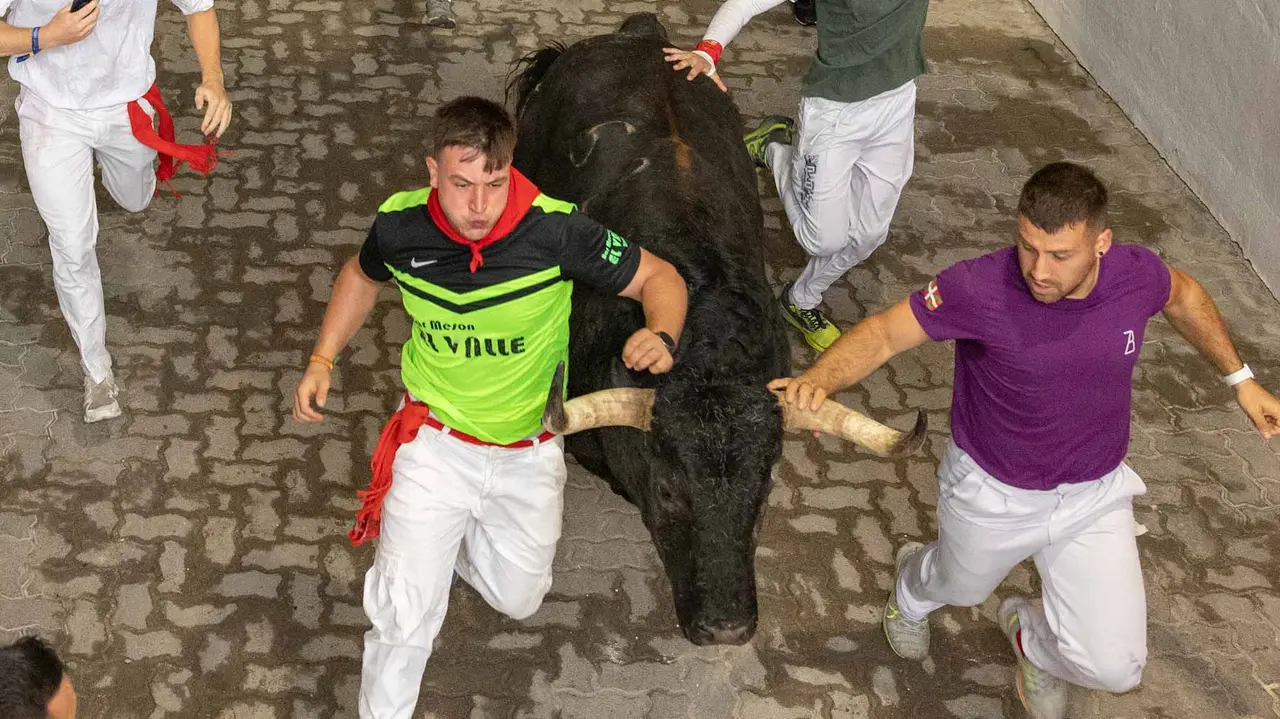 Primer encierro de San Fermín 2019 con toros de Fuente Ymbro en callejón plaza. Maite H. Mateo-08