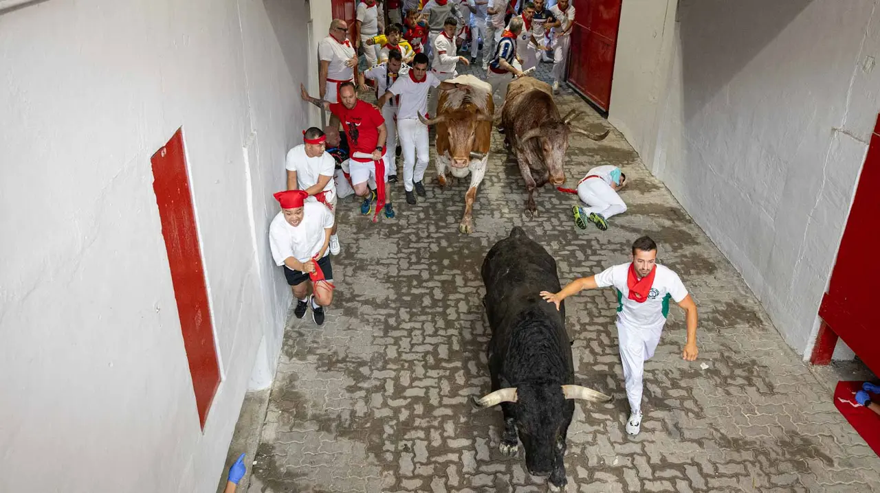 Primer encierro de San Fermín 2019 con toros de Fuente Ymbro en callejón plaza. Maite H. Mateo-20