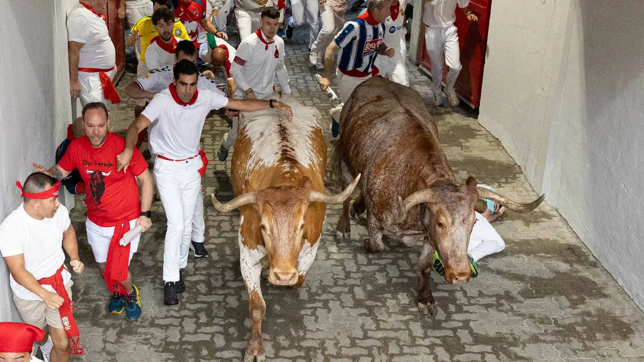 Primer encierro de San Fermín 2019 con toros de Fuente Ymbro en callejón plaza. Maite H. Mateo-22
