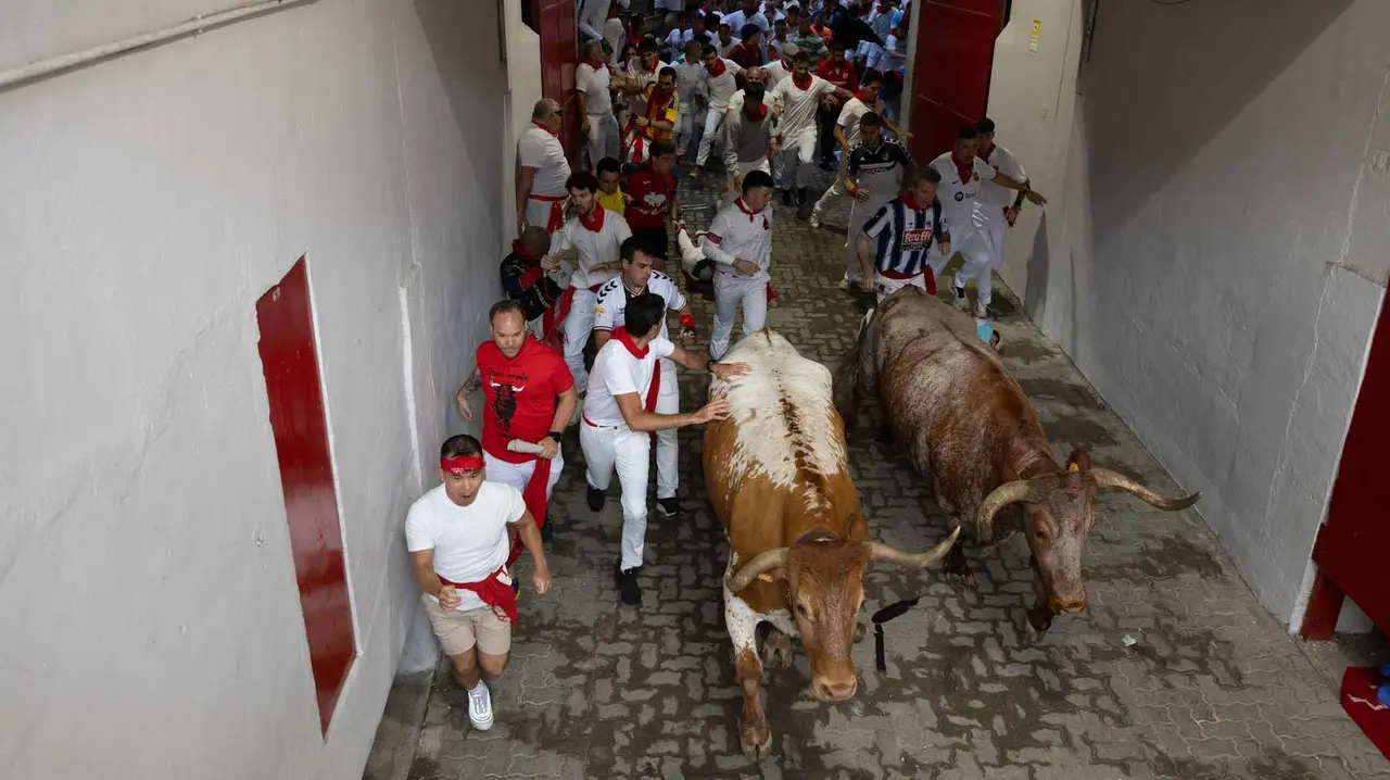 Primer encierro de San Fermín 2019 con toros de Fuente Ymbro en callejón plaza. Maite H. Mateo-23