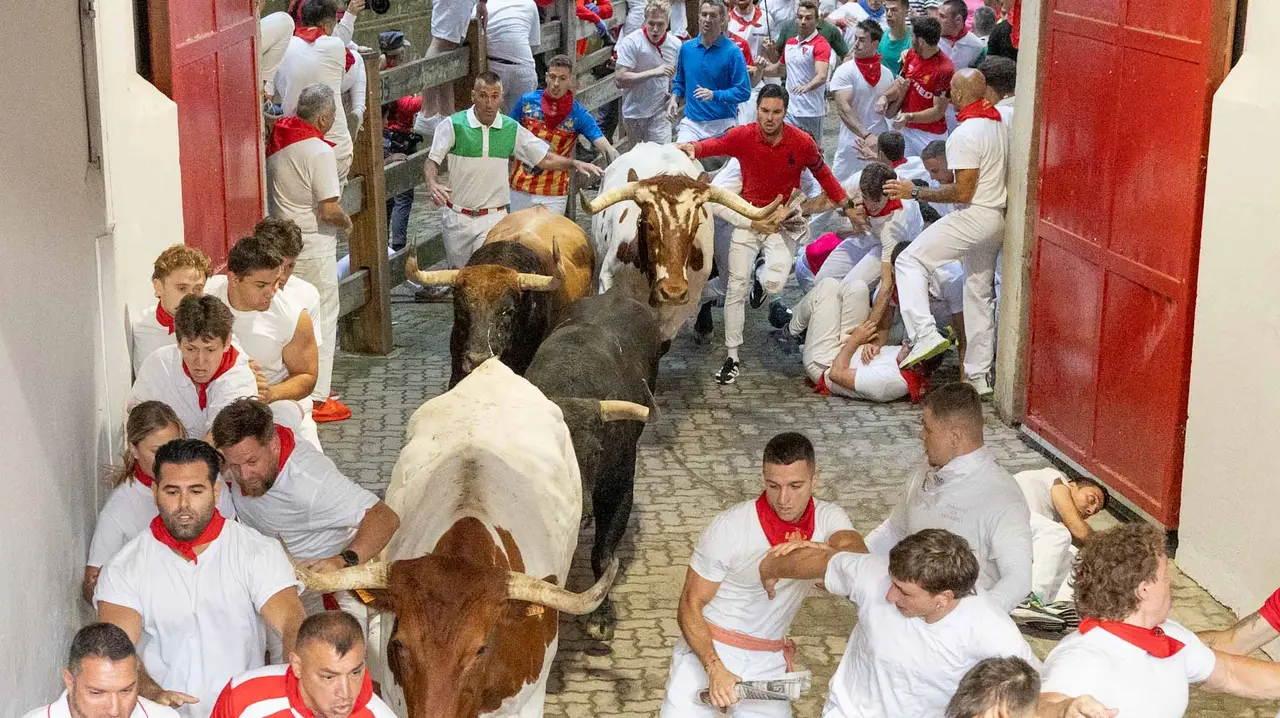 Primer encierro de San Fermín 2019 con toros de Fuente Ymbro en callejón plaza. Maite H. Mateo-24