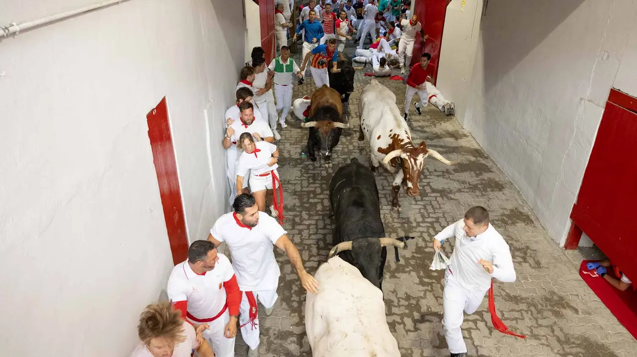 Primer encierro de San Fermín 2019 con toros de Fuente Ymbro en callejón plaza. Maite H. Mateo-26