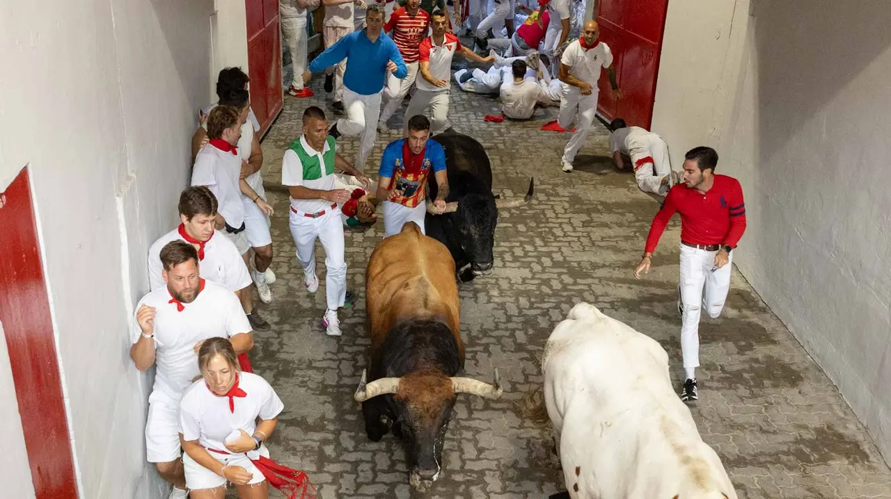 Primer encierro de San Fermín 2019 con toros de Fuente Ymbro en callejón plaza. Maite H. Mateo-27