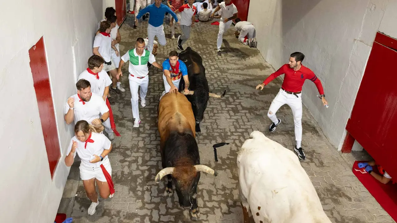 Primer encierro de San Fermín 2019 con toros de Fuente Ymbro en callejón plaza. Maite H. Mateo-28