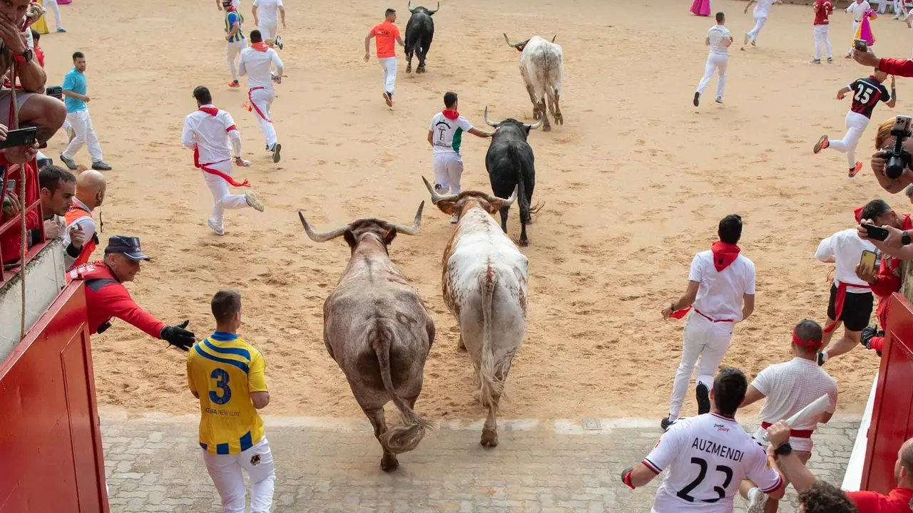 Primer encierro de San Fermín 2019 con toros de Fuente Ymbro en callejón plaza. Maite H. Mateo-09