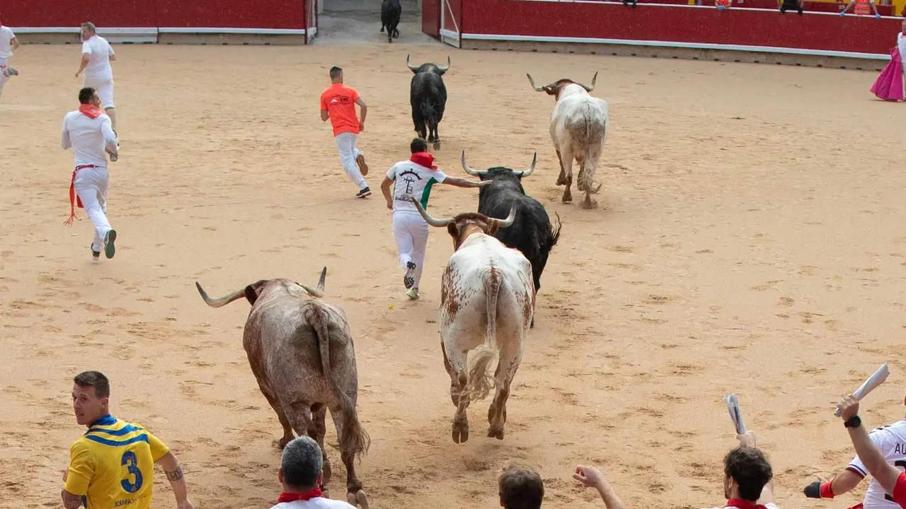 Primer encierro de San Fermín 2019 con toros de Fuente Ymbro en callejón plaza. Maite H. Mateo-10