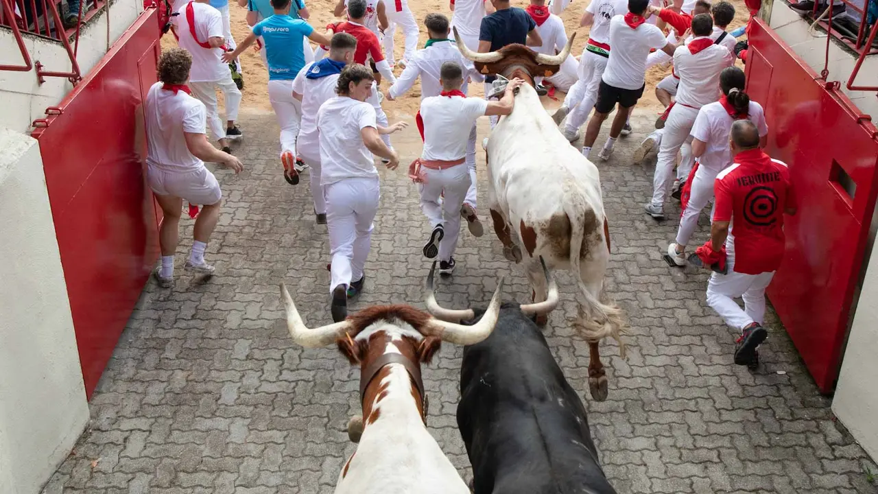 Primer encierro de San Fermín 2019 con toros de Fuente Ymbro en callejón plaza. Maite H. Mateo-11