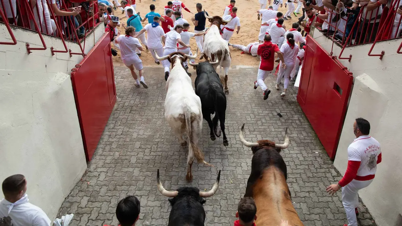Primer encierro de San Fermín 2019 con toros de Fuente Ymbro en callejón plaza. Maite H. Mateo-12