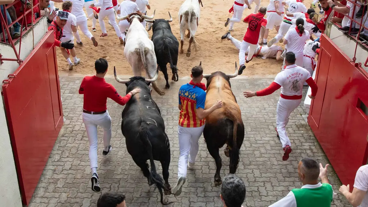 Primer encierro de San Fermín 2019 con toros de Fuente Ymbro en callejón plaza. Maite H. Mateo-13