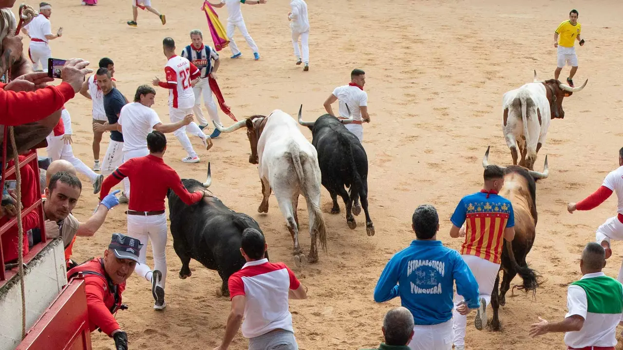 Primer encierro de San Fermín 2019 con toros de Fuente Ymbro en callejón plaza. Maite H. Mateo-15