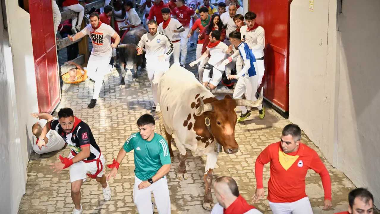Segundo encierro de las fiestas de San Fermín 2025 con toros de Cebada Gago en el Callejón. PABLO LASAOSA