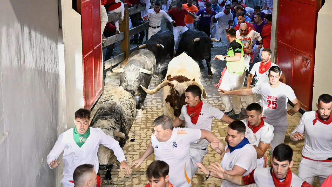 Segundo encierro de las fiestas de San Fermín 2025 con toros de Cebada Gago en el Callejón. PABLO LASAOSA
