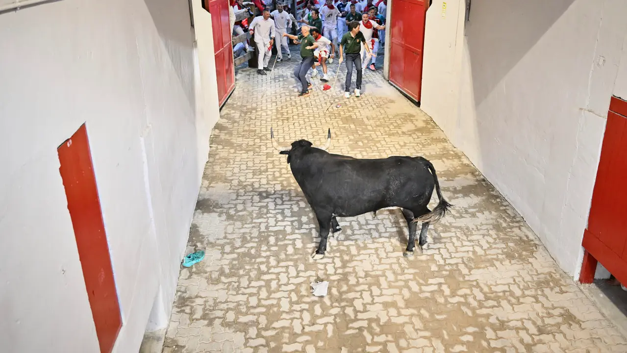 Segundo encierro de las fiestas de San Fermín 2025 con toros de Cebada Gago en el Callejón. PABLO LASAOSA