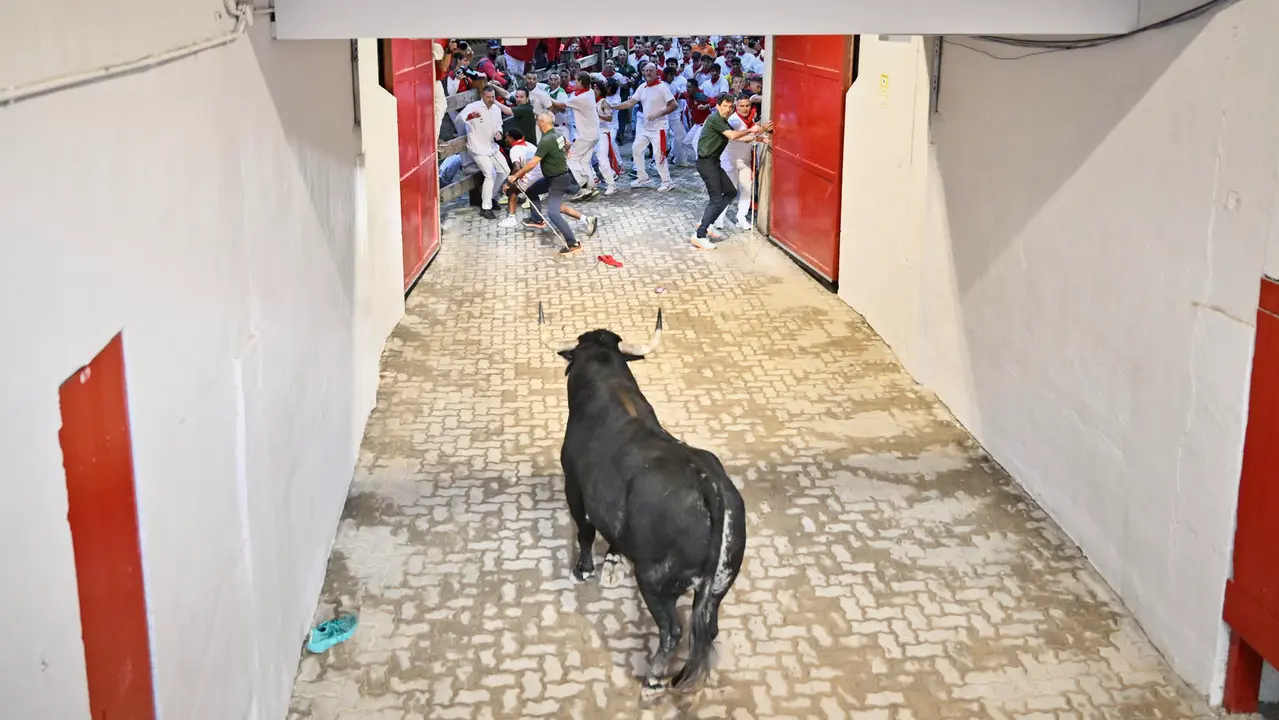 Segundo encierro de las fiestas de San Fermín 2025 con toros de Cebada Gago en el Callejón. PABLO LASAOSA