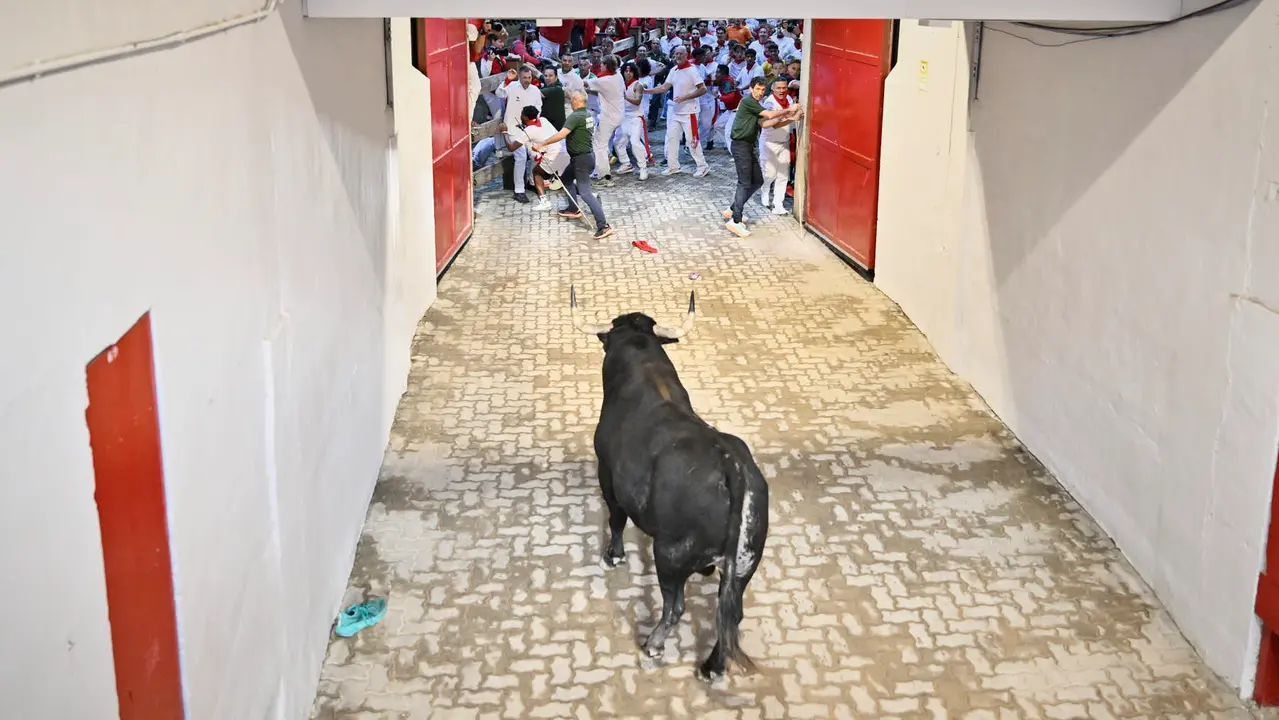 Segundo encierro de las fiestas de San Fermín 2025 con toros de Cebada Gago en el Callejón. PABLO LASAOSA