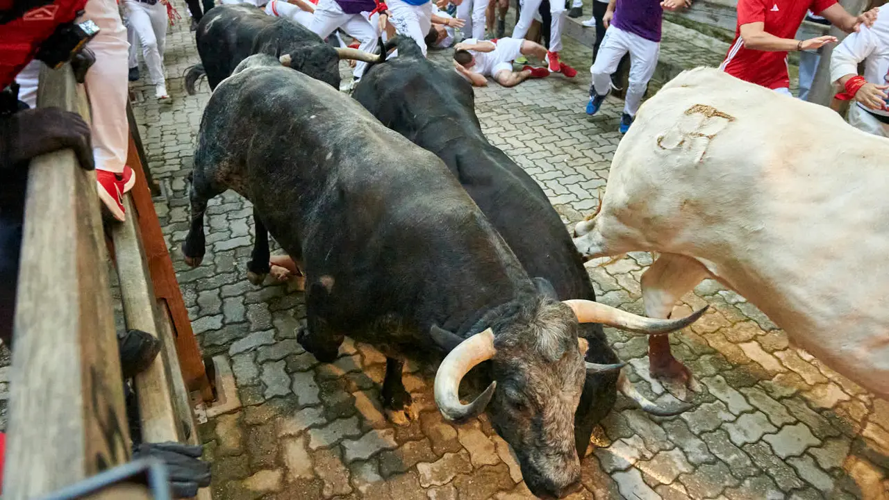 Segundo encierro de San Fermín 2025 con toros de Cebada Gago desde la bajada al callejón en Telefónica. IRANZU LARRASOAÑA