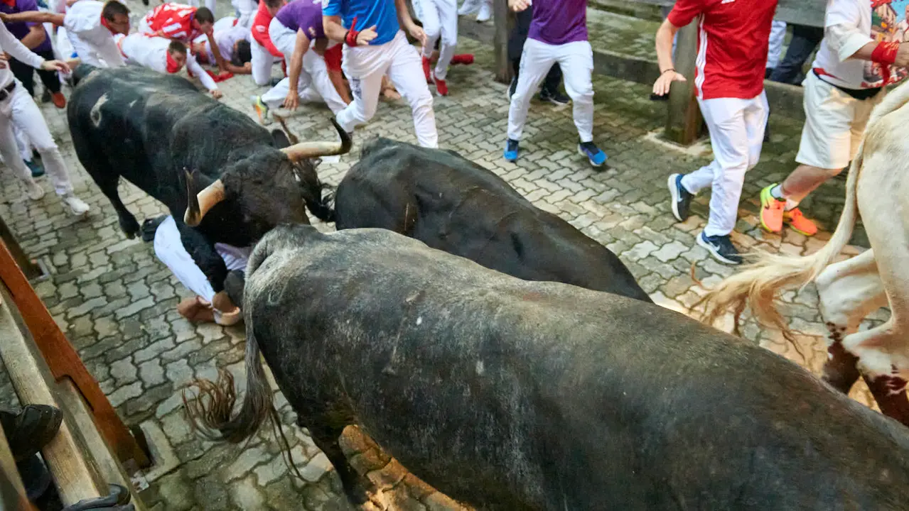 Segundo encierro de San Fermín 2025 con toros de Cebada Gago desde la bajada al callejón en Telefónica. IRANZU LARRASOAÑA