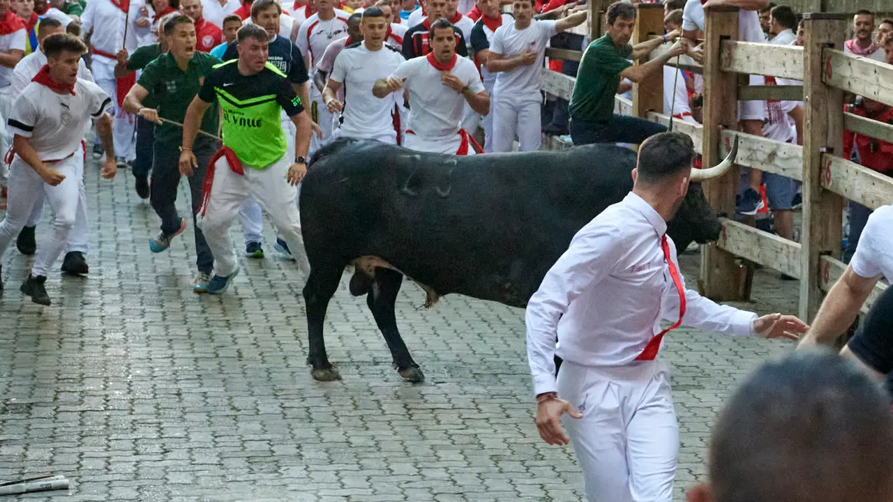 Segundo encierro de San Fermín 2025 con toros de Cebada Gago desde la bajada al callejón en Telefónica. IRANZU LARRASOAÑA