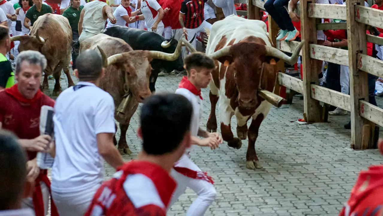 Segundo encierro de San Fermín 2025 con toros de Cebada Gago desde la bajada al callejón en Telefónica. IRANZU LARRASOAÑA