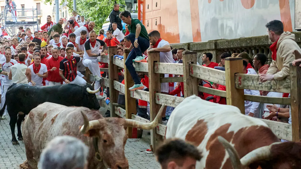 Segundo encierro de San Fermín 2025 con toros de Cebada Gago desde la bajada al callejón en Telefónica. IRANZU LARRASOAÑA