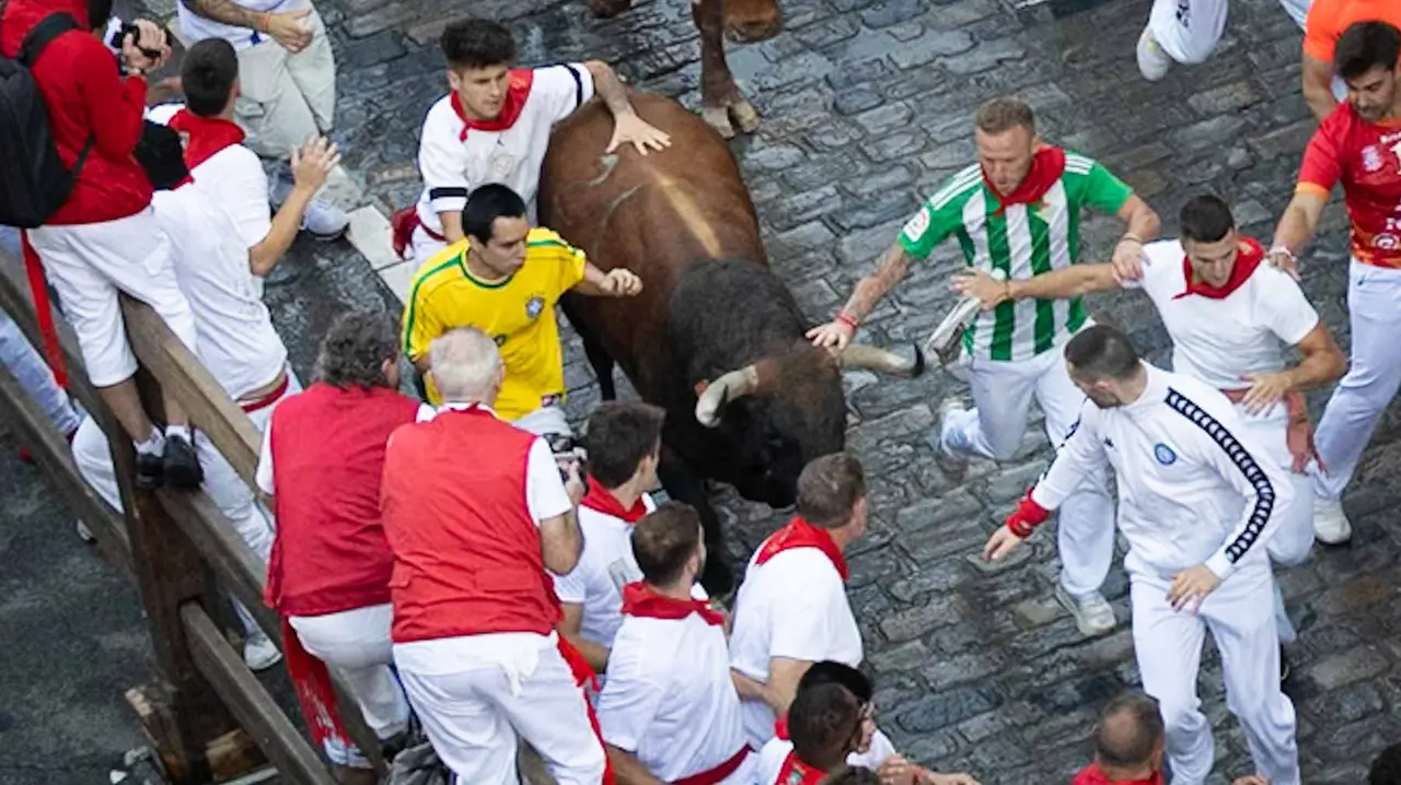 Segundo encierro de San Fermín 2015 con toros de Cebada Gago en Telefonica. Maite H. Mateo.-06