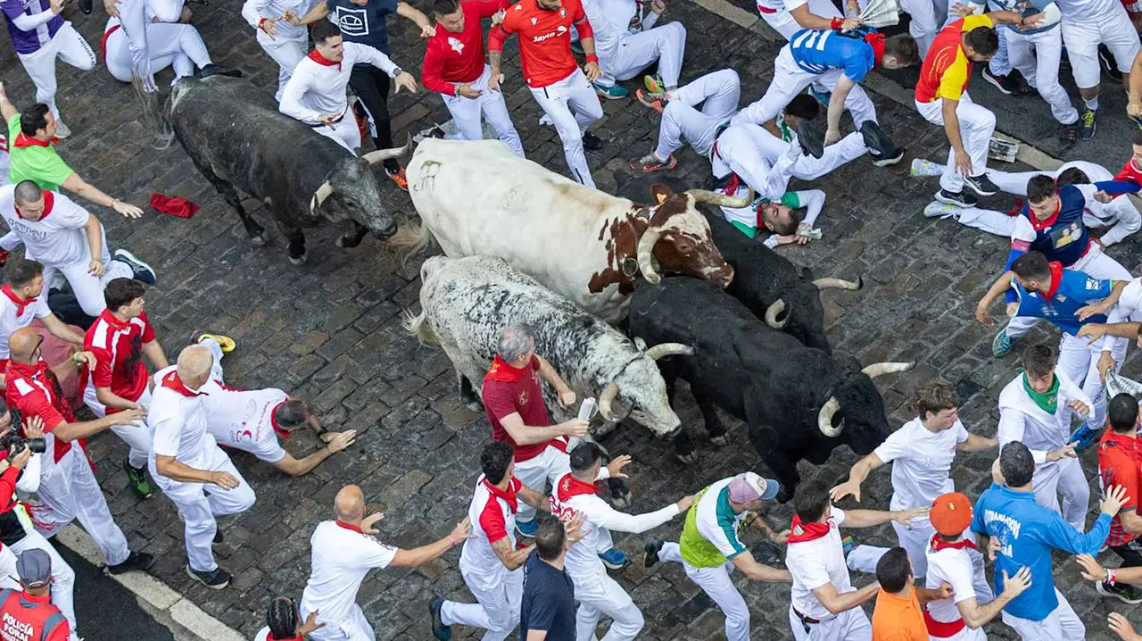 Segundo encierro de San Fermín 2015 con toros de Cebada Gago en Telefonica. Maite H. Mateo.-16