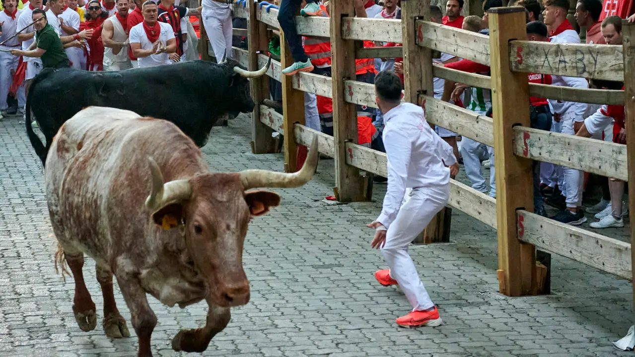 Segundo encierro de San Fermín 2025 con toros de Cebada Gago desde la bajada al callejón en Telefónica. IRANZU LARRASOAÑA