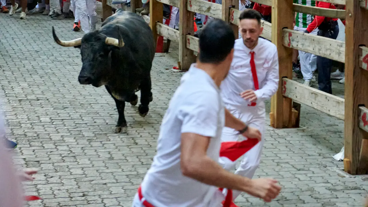 Segundo encierro de San Fermín 2025 con toros de Cebada Gago desde la bajada al callejón en Telefónica. IRANZU LARRASOAÑA
