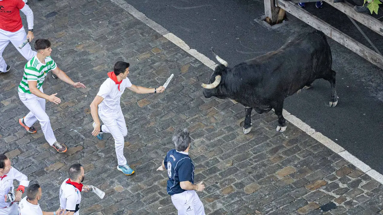 Segundo encierro de San Fermín 2015 con toros de Cebada Gago en Telefonica. Maite H. Mateo.-61