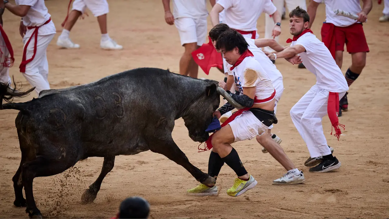 Festejo de vacas en la plaza de toros tras el segundo encierro de San Fermín 2025. PABLO LASAOSA